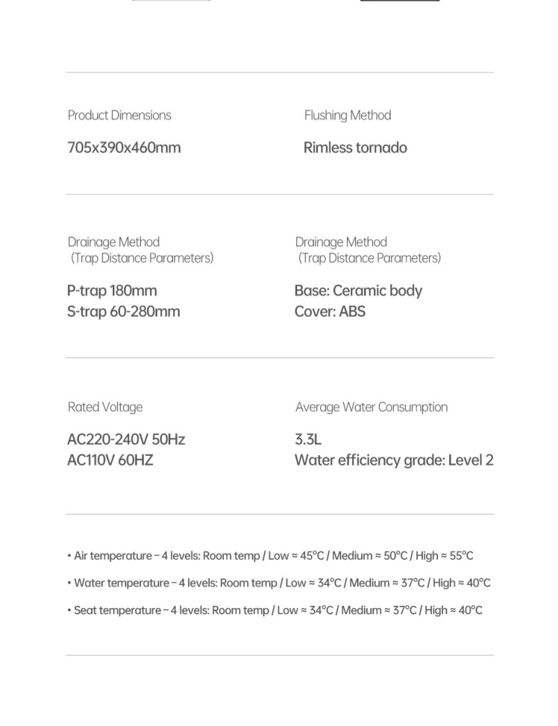 back to wall smart toilet specification