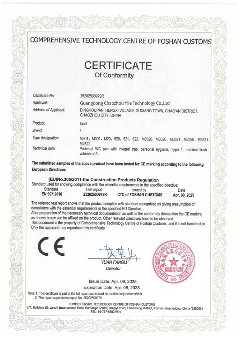 Certificat CE de conformité aux normes relatives aux cuvettes de WC et à la plomberie sanitaire (EN 997)